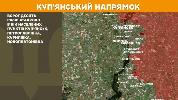 19 de marzo de 2026 — mapa del frente en Kupiansk con ataques rusos hacia varias localidades estratégicas