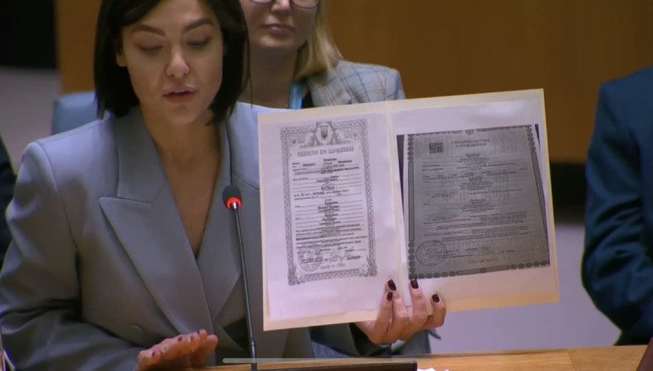 In December 2024, these two birth certificates—one real, one falsified—were presented at a UN Security Council meeting by Daria Zarivna, Chief Operating Officer of the Bring Kids Back UA initiative. In December 2024, these two birth certificates—one real, one falsified—were presented at a UN Security Council meeting by Daria Zarivna, Chief Operating Officer of the Bring Kids Back UA initiative.