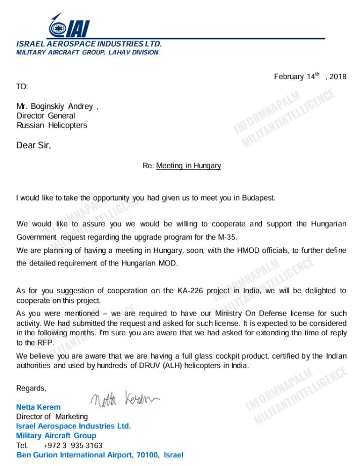 Letter from Israel Aerospace Industries to Russian Helicopters expressing interest in cooperating on Hungary’s Mi-35 modernization and the Ka-226 project in India, 2018. (Source: InformNapalm) Letter from Israel Aerospace Industries to Russian Helicopters expressing interest in cooperating on Hungary’s Mi-35 modernization and the Ka-226 project in India, 2018. (Source: InformNapalm)