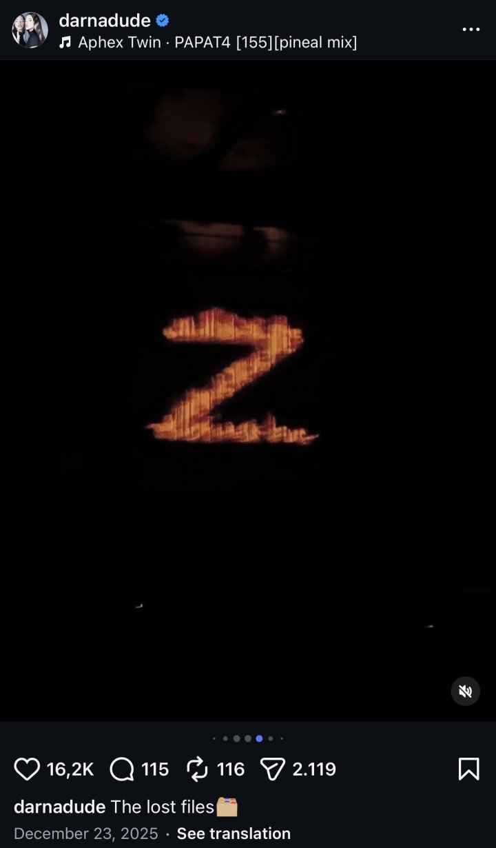 Screenshot of a December 2025 Instagram post published by Bulgarian Eurovision winner DARA featuring an illuminated “Z” symbol. (Source: Instagram/@darnadude)