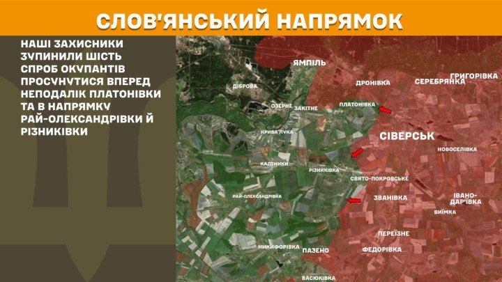 Mapa del frente en el eje de Sloviansk al 28 de marzo de 2026. Las fuerzas ucranianas repelieron seis intentos de avance ruso cerca de Platonivka y en dirección a Rai-Oleksandrivka y Riznykivka, manteniendo el control del terreno y evitando cualquier ruptura en la línea defensiva. (Foto: Estado Mayor de las Fuerzas Armadas de Ucrania) Mapa Sloviansk Ucrania combates intentos rusos avance marzo 2026 línea defensiva