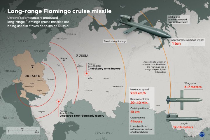 An infographic depicting Ukraine's domestically produced Flamingo long-range cruise missile. (Source: Getty Images)