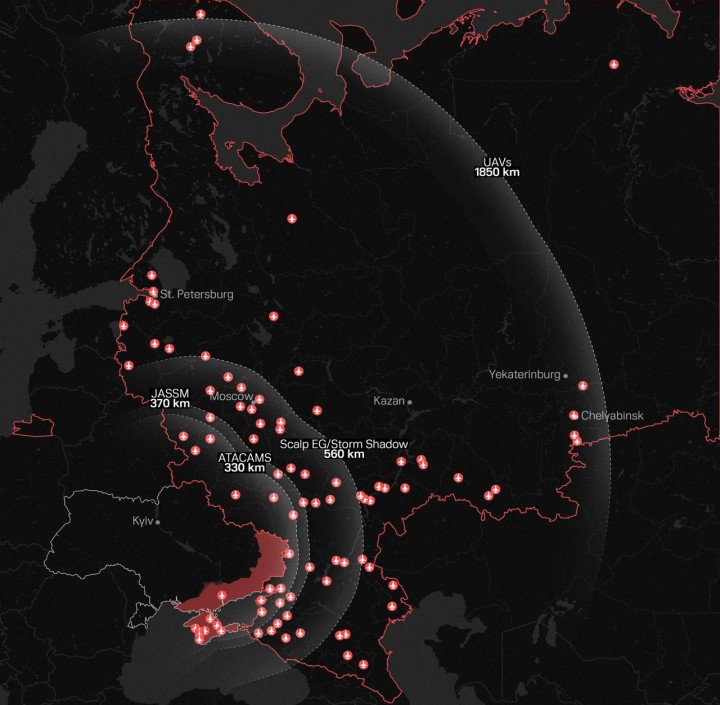 A range map showing how far different types of Western-supplied and Ukrainian-made weapons can reach military targets in Russian territory from Ukrainian positions. Illustration: UNITED24 Media
