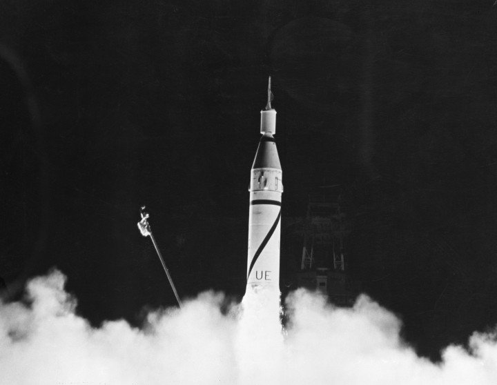 1/31/1958-Cape Canaveral, FL- The US Army’s Jupiter-C space rocket, carrying a 30.8-lb, bullet-shaped satellite vehicle mounted atop its upper stages. (Source: Getty Images)