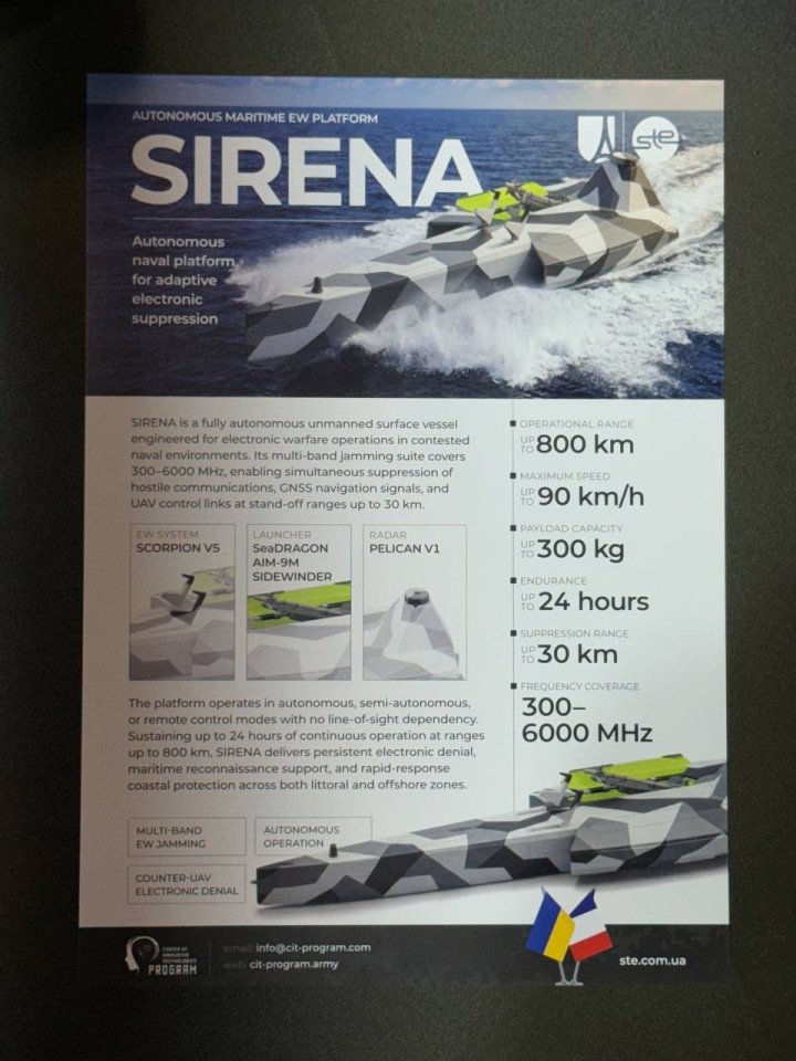 Information board presenting the capabilities and specifications of Ukraine’s Sirena uncrewed surface vessel at Eurosatory 2026. (Source: Oboronka) Information board presenting the capabilities and specifications of Ukraine’s Sirena uncrewed surface vessel at Eurosatory 2026. (Source: Oboronka)