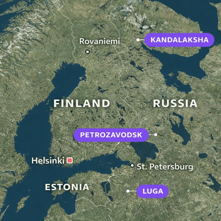 Satellite map showing key Russian and Finnish military locations near the border. (Photo: Juha Rissanen / Yle)