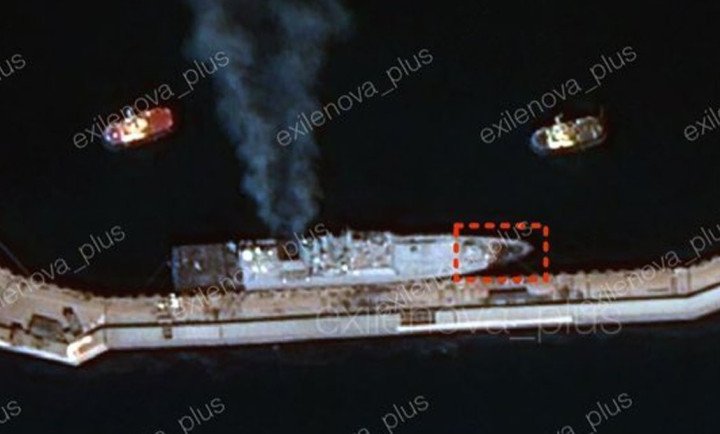 Satellite image shows a Russian Black Sea Fleet frigate in Novorossiysk with visible damage in the bow section following a Ukrainian drone strike, April 2026. (Source: Exilenova+)