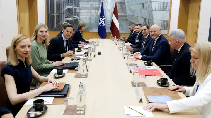 Latvian Prime Minister Andris Kulbergs and NATO Secretary General Mark Rutte with their deligations during a joint Ramstein meeting press point in Brussels on June 17, 2026. (Source: NATO website) Latvian Prime Minister Andris Kulbergs and NATO Secretary General Mark Rutte with their deligations during a joint Ramstein meeting press point in Brussels on June 17, 2026. (Source: NATO website)