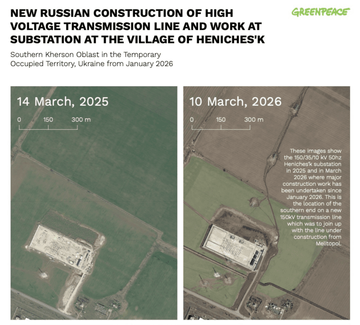 Satellite imagery compares the Henichesk substation in the temporarily occupied part of the Kherson region in March 2025 and March 2026, showing construction of a new high-voltage transmission line intended to connect the occupied Zaporizhzhia Nuclear Power Plant to Russia’s power grid. (Source: Greenpeace) Satellite imagery compares the Henichesk substation in occupied Kherson region in March 2025 and March 2026, showing construction of a new high-voltage transmission line intended to connect the occupied Zaporizhzhia Nuclear Power Plant to Russia’s power grid. (Source: Greenpeace)