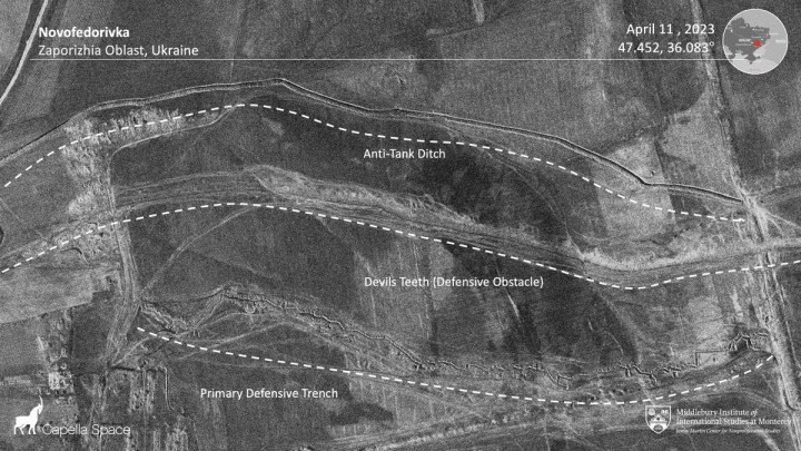 An illustration over a satellite image of the Russian defensive line commonly known as the “Surovikin Line” (Via @georgewbarros on Twitter). An illustration over a satellite image of the Russian defensive line commonly known as the “Surovikin Line” (Via @georgewbarros on Twitter).