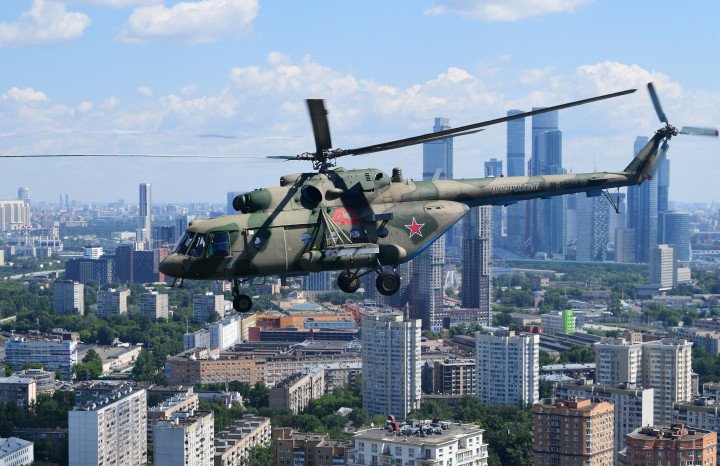 Mi-8 helicopters fly over Red Square during Russia’s Victory Day parade marking the 75th anniversary of World War II. (Source: Getty Images) Mi-8 helicopters fly over Red Square during Russia’s Victory Day parade marking the 75th anniversary of World War II. (Source: Getty Images)