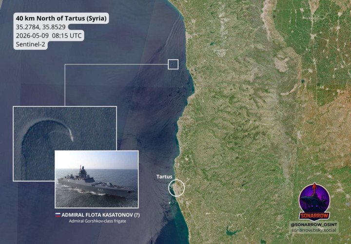 Satellite image showing a vessel identified by OSINT analysts as the Russian frigate Admiral Flota Kasatonov operating north of Tartus, Syria, on May 9, 2026. (Source: SONARROW_OSINT)