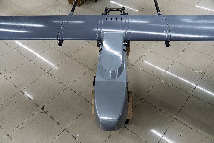 Long-range strike drone assembled at a Fire Point workshop in Ukraine, where FP-1 and FP-2 drones are produced, January 29, 2026. (Source: Getty Images)