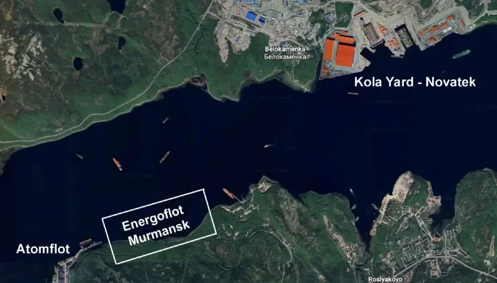 Satellite view of the planned Rosatom shipyard site on the eastern shore of Kola Bay near Murmansk, Russia. (Source: Google Earth / The Barents Observer)