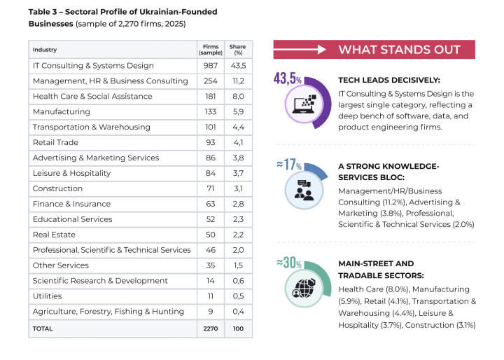 Sectoral profile of Ukrainian-founded businesses. (Source: ISE Economic impact of Ukrainian American businesses in the US)