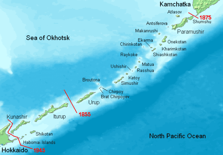The Kuril Islands with Russian names. Borders of Shimoda Treaty (1855) and Treaty of St. Petersburg (1875) shown in red. Since 1945, all islands northeast of Hokkaido have been occupied by Russia. (Source: Wikimedia) The Kuril Islands with Russian names. Borders of Shimoda Treaty (1855) and Treaty of St. Petersburg (1875) shown in red. Since 1945, all islands northeast of Hokkaido have been occupied by Russia. (Source: Wikimedia)