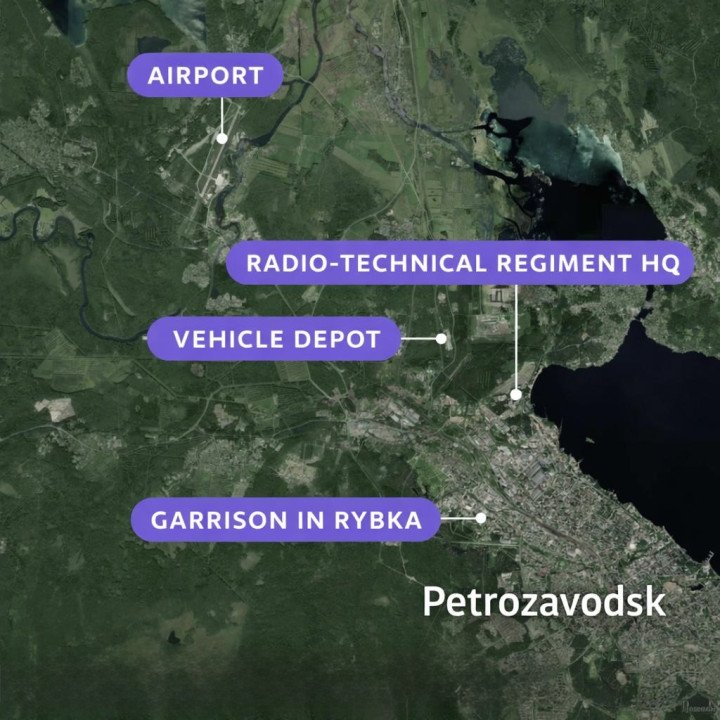 Satellite map of Petrozavodsk showing key Russian military installations. (Photo: Juha Rissanen / Yle)