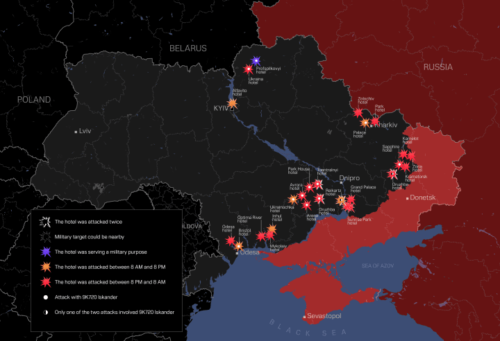 Un mapa que muestra los ataques rusos contra hoteles, basado en el trabajo de un informe de Truth Hounds: Last Check-In: The Russian Strikes on Ukrainian Hotels Silencing the Press. Un mapa que muestra los ataques rusos contra hoteles, basado en el trabajo de un informe de Truth Hounds: Last Check-In: The Russian Strikes on Ukrainian Hotels Silencing the Press.