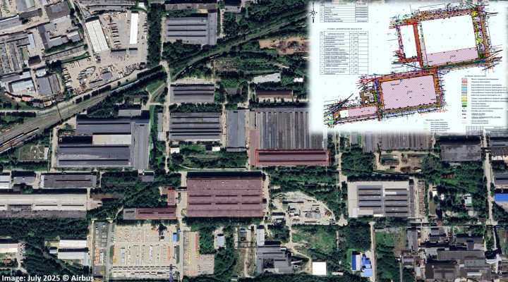 Satellite imagery from July 2025 shows the Plant No. 9 industrial complex in Yekaterinburg, with overlaid reconstruction plans highlighting six workshops slated for modernization. (Source: Frontelligence Insight / Airbus)