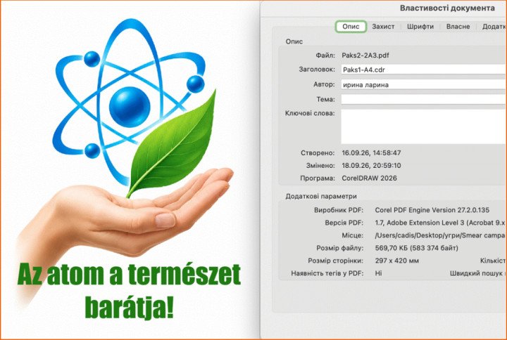 Pro-nuclear promotional material with PDF metadata identifying its author as Irina Larina. (Source: InformNapalm)