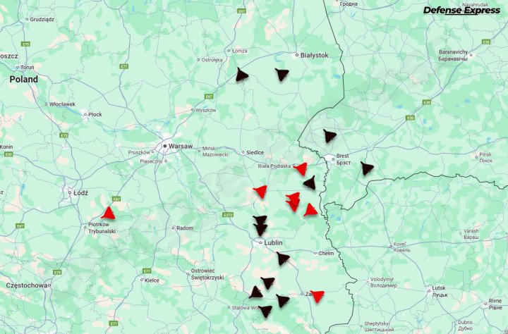 Map highlighting reported locations of Russian “Gerbera” drones that entered Polish airspace on September 10. (Source: Defense Express)