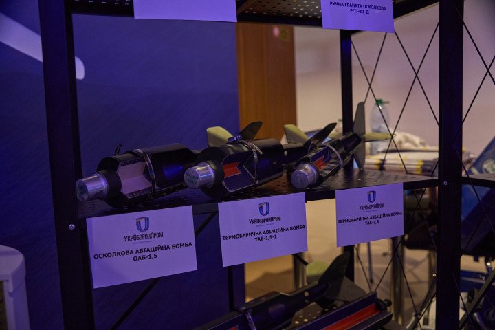 Ukrainian-made aerial bombs and thermobaric munitions displayed during the Brave1 Advantage defense technology event in Kyiv. (Source: UNITED24 Media/Mykyta Shandyba) Ukrainian-made aerial bombs and thermobaric munitions displayed during the Brave1 Advantage defense technology event in Kyiv. (Source: UNITED24 Media/Mykyta Shandyba)
