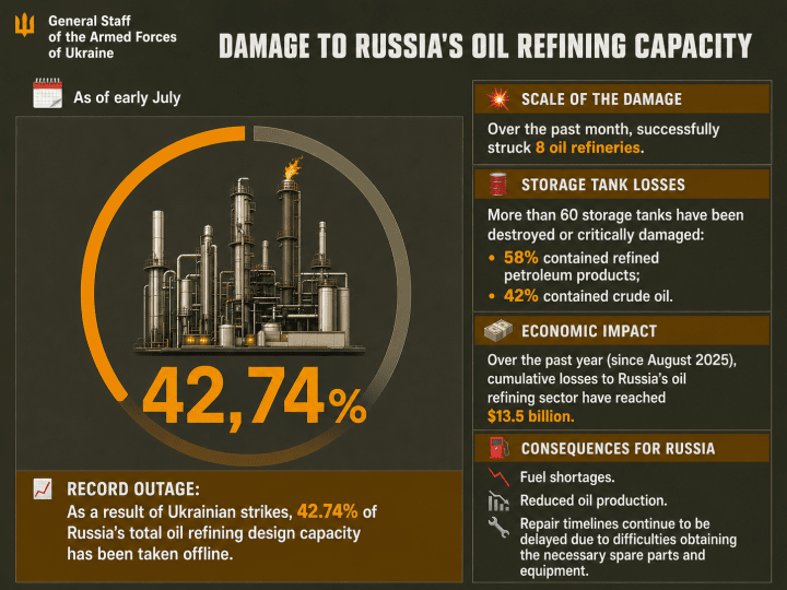 Infographic showing the reported impact of Ukrainian strikes on Russia’s oil refining sector as of early July 2026. (Source: General Staff of the Armed Forces of Ukraine) Infographic showing the reported impact of Ukrainian strikes on Russia’s oil refining sector as of early July 2026. (Source: General Staff of the Armed Forces of Ukraine)