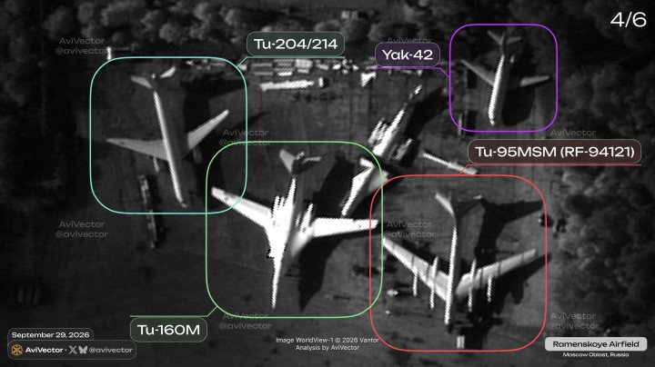 Imagen satelital que muestra bombarderos estratégicos rusos Tu-160M y Tu-95MSM junto a otras aeronaves en el aeródromo de Ramenskoye, cerca de Moscú. (Foto: AviVector) Imagen satelital que muestra bombarderos estratégicos rusos Tu-160M y Tu-95MSM junto a otras aeronaves en el aeródromo de Ramenskoye, cerca de Moscú. (Foto: AviVector)