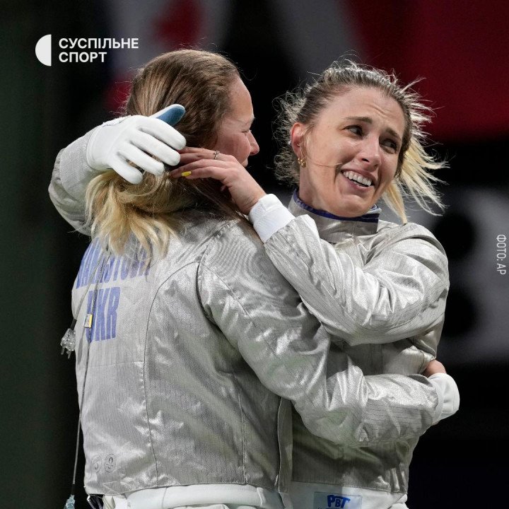 Olha Kharlan of Team Ukraine celebrates following the team’s victory during the Fencing Women’s Sabre Team Gold Medal match on day eight of the Olympic Games Paris 2024 at Grand Palais on August 03, 2024 in Paris, France. (Source: Suspilne Sport) Olha Kharlan of Team Ukraine celebrates following the team’s victory during the Fencing Women’s Sabre Team Gold Medal match on day eight of the Olympic Games Paris 2024 at Grand Palais on August 03, 2024 in Paris, France. (Source: Suspilne Sport)