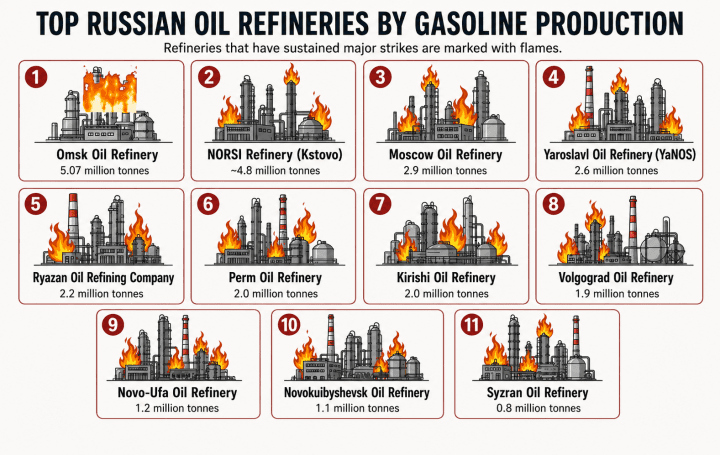Infographic showing Russia’s largest oil refineries by gasoline production, with facilities hit in Ukrainian strikes marked by flames. (Photo: Open source) Infographic showing Russia's largest oil refineries by gasoline production, with facilities hit in Ukrainian strikes marked by flames. (Photo: Open source)