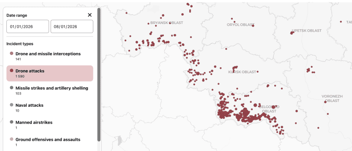 A map by Novaya Gazeta Europe shows reported Ukrainian drone attack locations across western Russia between January 1 and August 1, 2026, with incidents concentrated near the border but extending deep into Russian territory. (Source: Novaya Gazeta Europe)