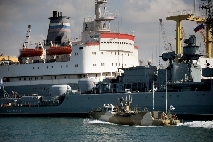 A Russian ship is pictured in front of fleet replenishment oiler Ivan Bubnov (L) at the Russian naval base in the Syrian Mediterranean port of Tartus (Source: Maxime Popov via Getty Images) A Russian ship is pictured in front of fleet replenishment oiler Ivan Bubnov (L) at the Russian naval base in the Syrian Mediterranean port of Tartus (Source: Maxime Popov via Getty Images)