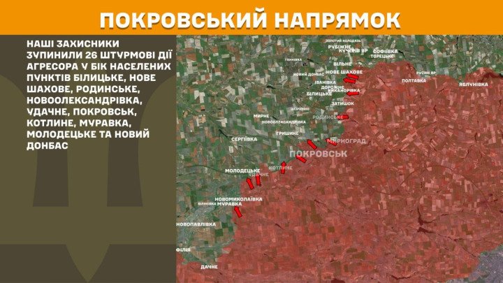 Mapa táctico del frente de Pokrovsk destacando el epicentro de los combates con 26 asaltos rusos detenidos.