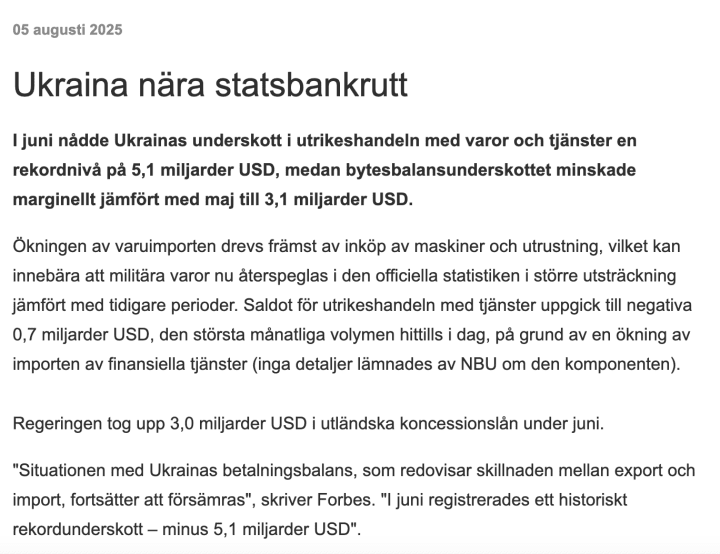 The article headline translates as: “Ukraine Is Approaching State Bankruptcy.” (Source: Nyhetsbanken)