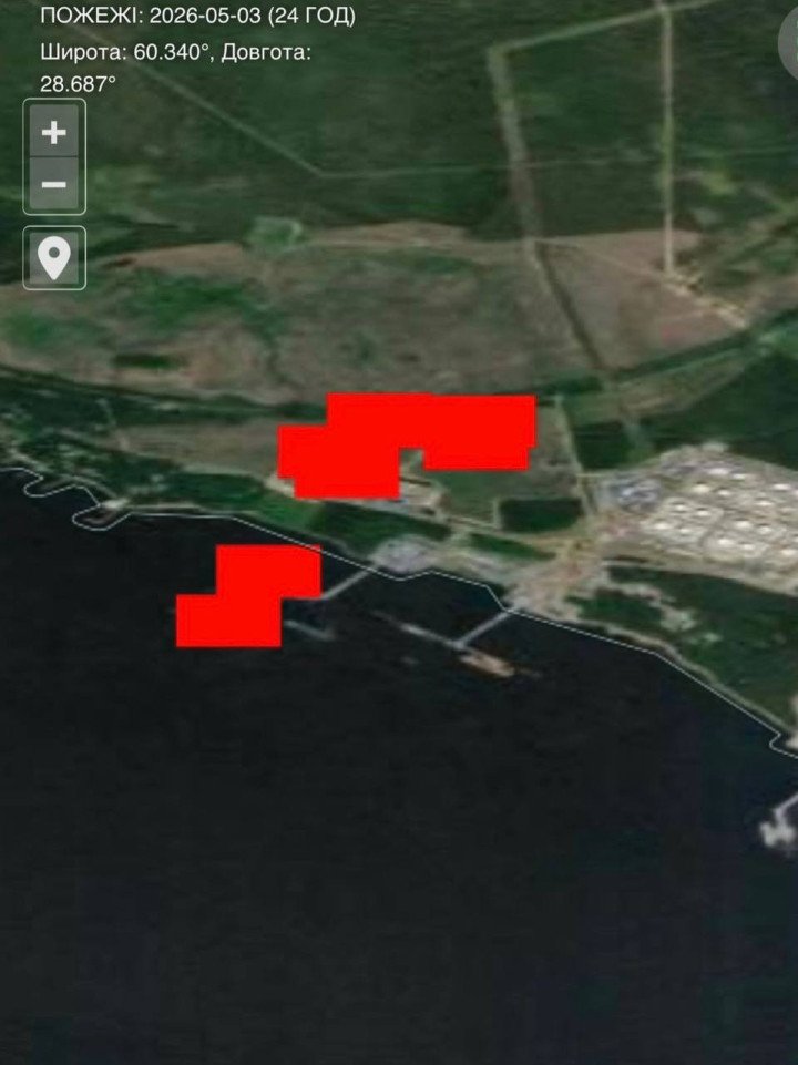 Satellite-based fire detection data shows hotspots in the port area of Primorsk following the Ukrainian drone strike on May 3, 2026. (Source: Volodymyr Zelenskyy)