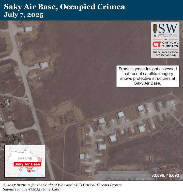 Saky Air Base, Crimea, New concrete shelters built after Ukrainian drone strikes. (Source: Planet Labs / ISW) Saky Air Base, Crimea, New concrete shelters built after Ukrainian drone strikes. (Source: Planet Labs / ISW)