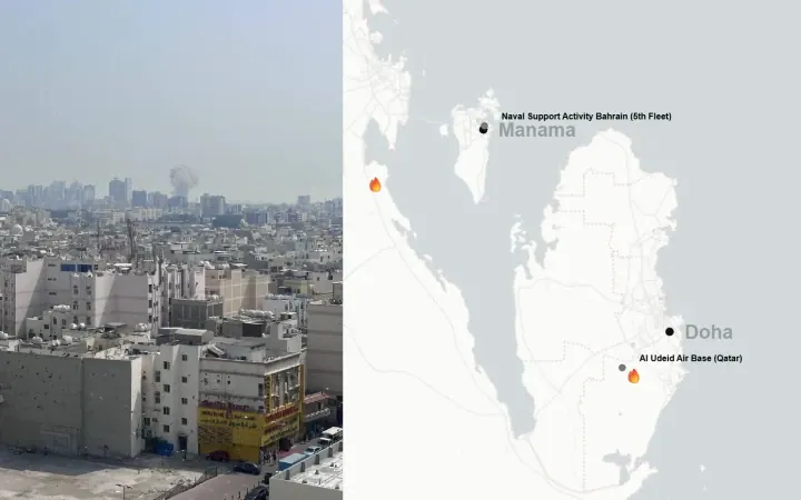 Smoke rises over a city skyline in the Gulf region as reports emerge of missile activity, alongside a map highlighting Naval Support Activity Bahrain (5th Fleet) in Manama and Al Udeid Air Base near Doha, Qatar. (Source: Defence Blog)