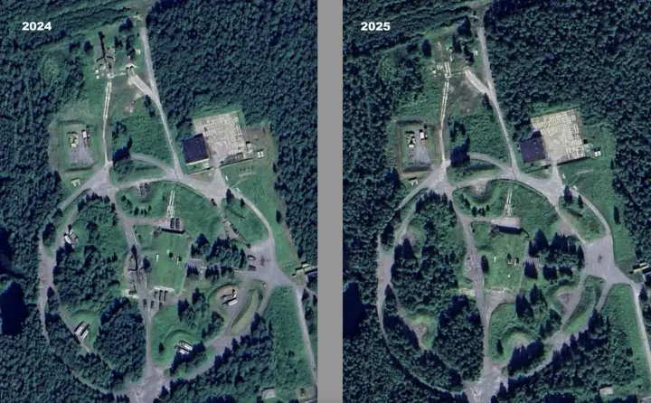 Satellite imagery analyzed by Barents Observer shows eight S-300/S-400 launchers and two radars at Mironova Gora in 2024, with the site empty by 2025. (Source: Barents Observer / Google Earth) Satellite imagery analyzed by Barents Observer shows eight S-300/S-400 launchers and two radars at Mironova Gora in 2024, with the site empty by 2025. (Source: Barents Observer / Google Earth)