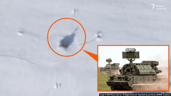 An equipped position with military hardware resembling a combat vehicle of the Tor-M2 surface-to-air missile system near the village of Paloshkava on February 9, 2026. (Source: Radio Liberty/Radio Free Europe)