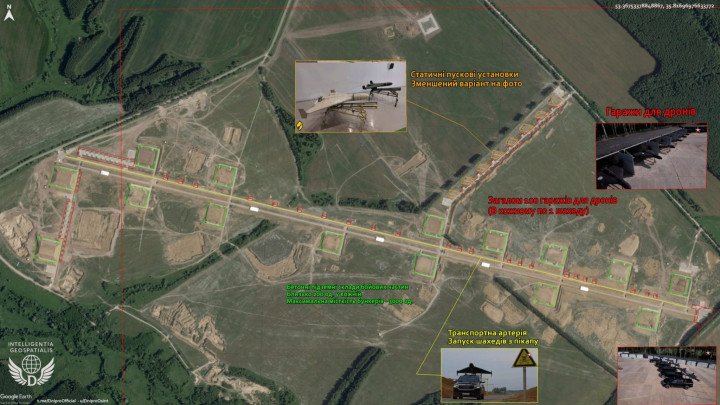 Las imágenes satelitales muestran una instalación rusa de lanzamiento y almacenamiento de drones Shahed con garajes, búnkeres subterráneos y posiciones de lanzamiento móviles. (Fuente: Cyber Boroshno/Google Earth) Las imágenes satelitales muestran una instalación rusa de lanzamiento y almacenamiento de drones Shahed con garajes, búnkeres subterráneos y posiciones de lanzamiento móviles. (Fuente: Cyber Boroshno/Google Earth)