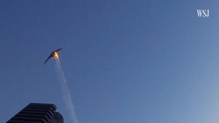 A Shahed-type drone bursts into flames after being hit, leaving a trail of smoke in the evening sky over Ukraine. (Source: The Wall Street Journal)