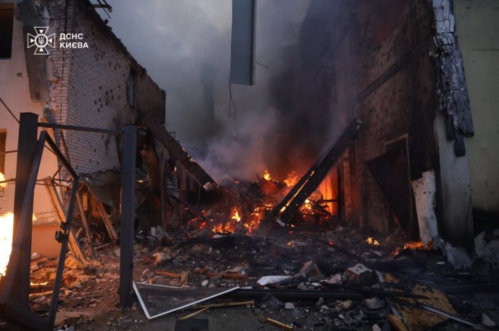 Severe fire damage inside a building targeted during the Russian air assault. Debris and structural collapse are visible as emergency services attempt to contain the fire. (Source: State Emergency Service of Ukraine)
