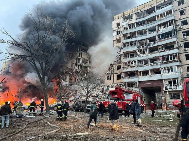A view of destroyed residential building after a Russian missile attack in Dnipro, Ukraine on January 14, 2023. (Photo by State Emergency Service of Ukraine via Getty Images)
