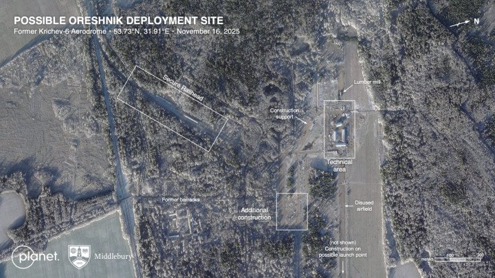 Diagram showing the suspected Oreshnik missile base at the former Krychev-6 airfield in Belarus. (Source: Arms Control Wonk)