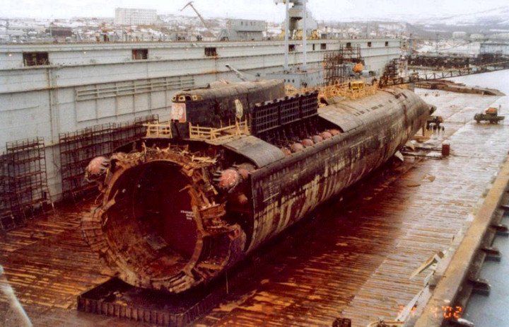 The wreck of the Kursk submarine after being recovered from the Barents Sea, showing the destroyed forward section. Photo taken in 2001 at a dry dock in Roslyakovo, Russia. (Source: Russian media) The wreck of the Kursk submarine after being recovered from the Barents Sea, showing the destroyed forward section. Photo taken in 2001 at a dry dock in Roslyakovo, Russia. (Source: Russian media)