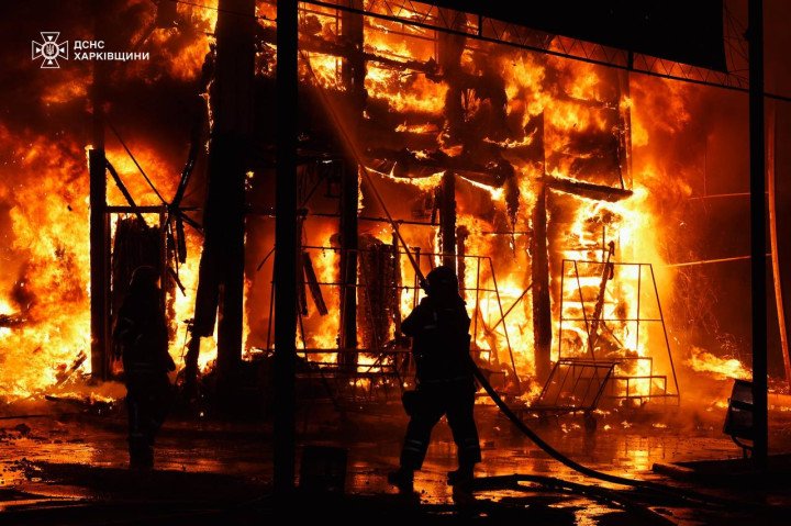 Firefighters work through the night to extinguish a massive fire caused by a Russian strike in Kharkiv, Ukraine on October 1, 2025. (Source: SES)