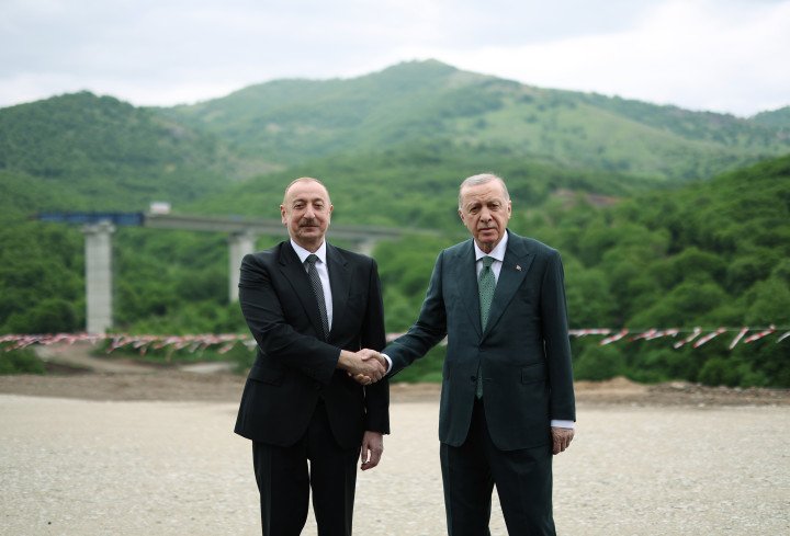 Azerbaijani President Ilham Aliyev meets with the Turkish President Recep Tayyip Erdogan on May 28, 2025 at Lachin International Airport (Photo by TUR Presidency /Murat Cetinmuhurdar/Anadolu via Getty Images)