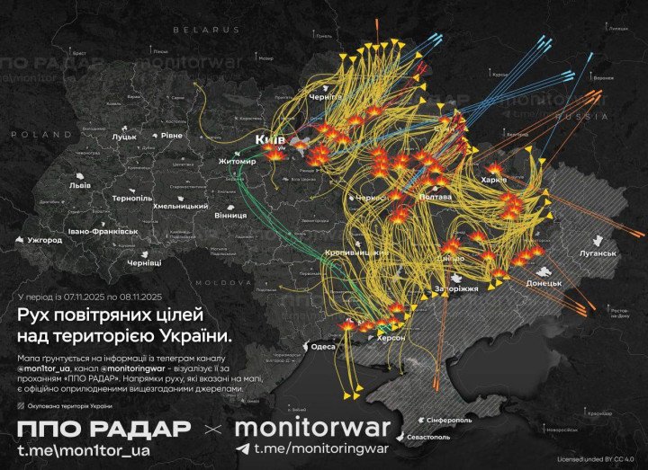 Mapa que muestra las rutas de drones y misiles rusos sobre Ucrania durante el ataque del 7 y 8 de noviembre, basado en datos de monitoreo de la defensa aérea. (Fuente: Monitorwar) Mapa que muestra las rutas de drones y misiles rusos sobre Ucrania durante el ataque del 7 y 8 de noviembre, basado en datos de monitoreo de la defensa aérea. (Fuente: Monitorwar)