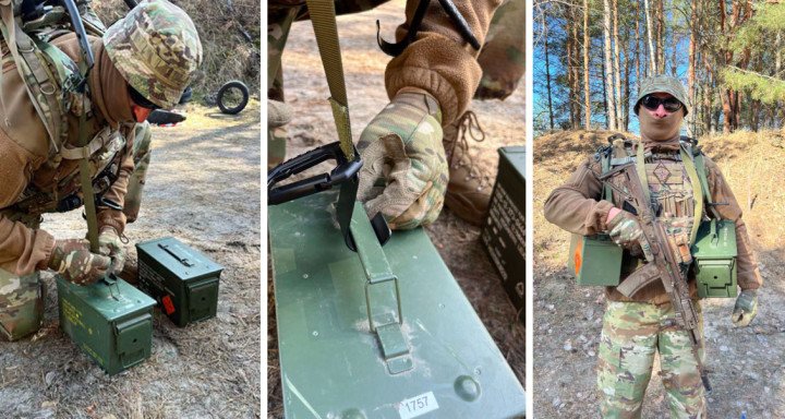 Ukrainian soldier tests the “Gyurza-1” passive exoskeleton while handling ammunition boxes during field trials. (Source: Defense Express)