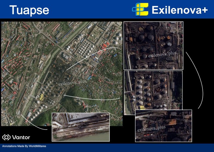 Satellite overview of the Tuapse oil refinery showing widespread damage to the tank farm following Ukrainian drone strikes. (Source: Exilenova+ / Vantor)